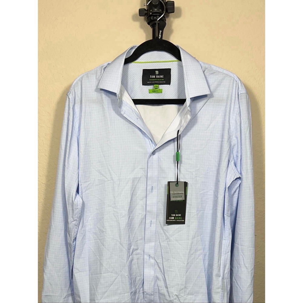 Tom Baine Performance Stretch Shirt Men L Slim Fit Blue White Button Down New